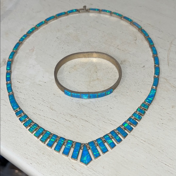 Vintage Mexico Blue Opal collar necklace & 925 blue opal hinged bracelet - Picture 2 of 13